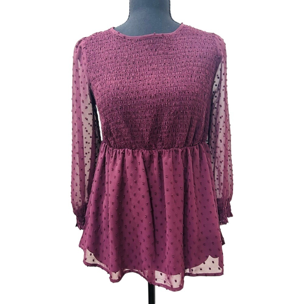 LC Lauren Conrad Blouse Women XS Burgundy Excellent Swiss Dot Smocked Peplum